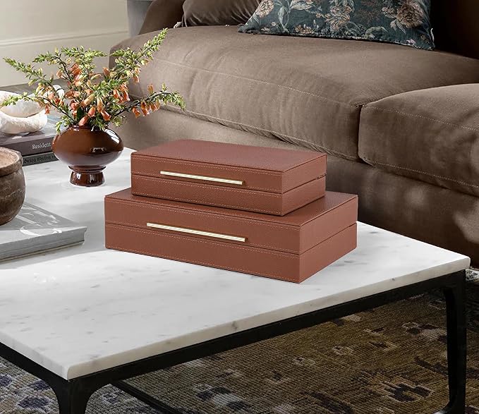 HofferRuffer Faux Leather Decorative Boxes Set of 2, Large Nesting Keepsake Box Accessory Organizer Jewelry Organizer with Hinged Lid, Stacking Storage Box Container for Home or Office (Brown)