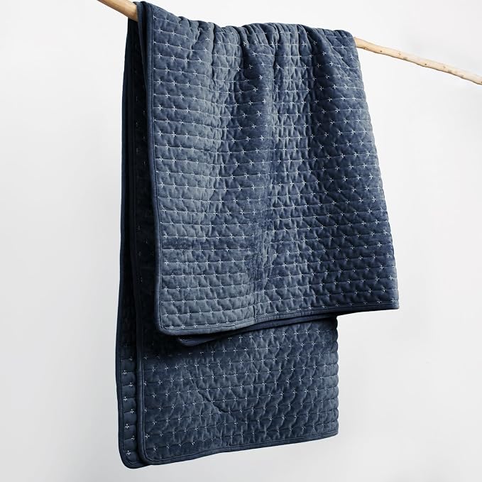 Levtex Home - Velvet Stitch Throw - Quilted Throw (50x60in.) - Velvet - Navy White - Reversible - Polyester