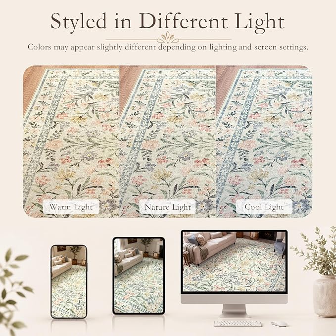 Wonnitar Large Living Room Rug, Floral 10 x 14 Machine Washable Area Rugs, Soft Boho Ultra-Thin Non-Shedding Indoor Aesthetic Carpet for Bedroom Dining Room Office