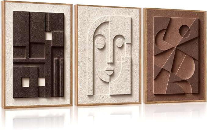 CHDITB 3D Textured Abstract Geometric Face Framed Canvas Wall Art Set, Neutral Earth Tone Relief Sculpture Wall Decor, Minimalist Carved Prints for Living Room Hallway Entryway Home Decor 16"x24"x3