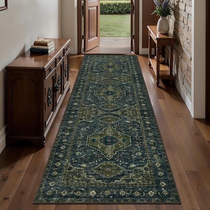 Tangsoo 2x8 Washable Runner Rug for Hallways, Non Slip Vintage Runner Rug, Soft Low Pile Long Rug Runner, Print Distressed Green Carpet Runners for Kitchen Bedroom Entryway Bathroom Living Room