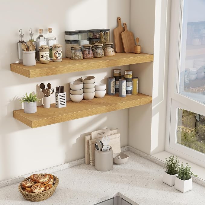 Fun Memories 48 Inch Floating Shelves for Wall - 12 Inch Deep Fireplace Mantel Shelf - Wood Floating Shelf for Wall - Large Storage Shelves Wall Mount for Living Room & Bedroom - Oak - Set of 2