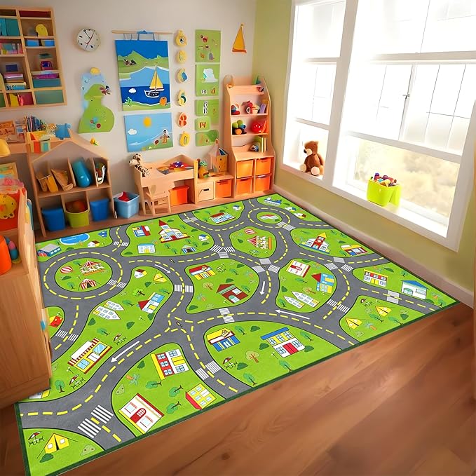 Car Rug for Kids Room 6x9 Feet, Educational Learn City Life Kids Rugs for Playroom Green Traffic Road Rug Decorate Nursery Toddler Classroom Preschool Living Room