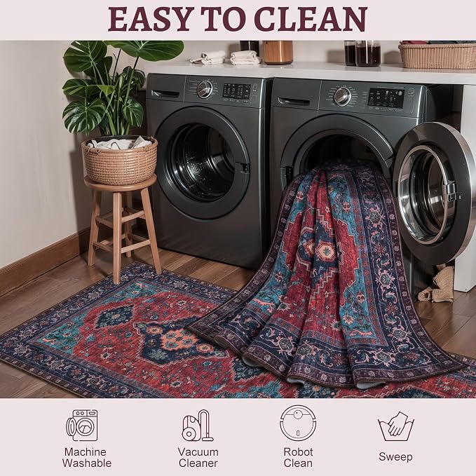 Tangsoo Washable Rug 4x6 Area Rug, Oriental Rug Indoor for Living Room, Non Slip Machine Washable Large Rugs, Soft Print Distressed Carpet for Bedroom Dining Room Dorm Office Burgundy/Navy