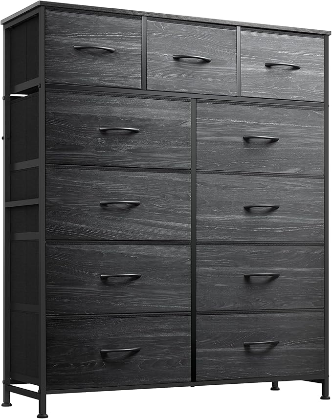 WLIVE Tall Dresser for Bedroom, Fabric Dressers Storage Tower, Dresser & Chest of Drawers with 11 Drawers, Storage Cabinet, Hallway, Closets, Steel Frame, Wood Top, Charcoal Black Wood Grain Print