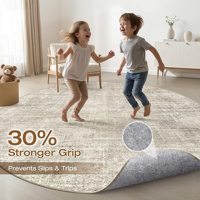 5ft Round Rug Living Room: 5x5 Washable Large Neutral Brown Circle Area Rug Abstract Soft Modern Stain Resistant Indoor Floor Non-Slip Carpet for Bedroom Nursery Kids Office Playroom Dining Room