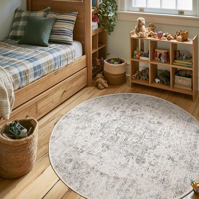 Machine Washable Rugs for Living Room: 4x4 Area Rugs for Bedroom Ultra Soft Non-Slip Low Pile Vintage Distress Boho Large Carpet for High-Traffic Dining Room - Farmhouse Decor