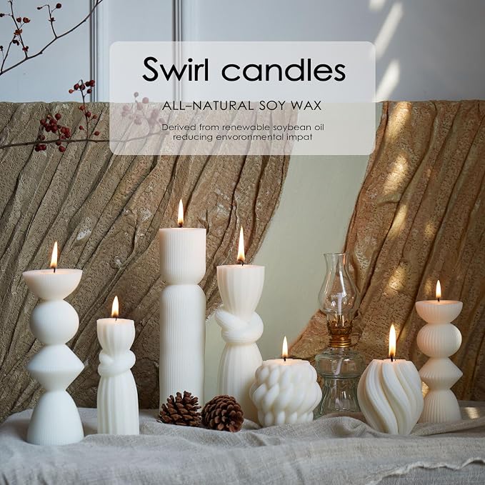 7 Pcs Large Ribbed Pillar Candles - Handmade Soy Wax Candles for Home Decor, Modern Shelf Decor, Housewarming Gift, Aesthetic Room Decor (White)