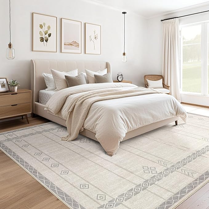 cotiled 6x9 Area Rug Living Room: Washable Boho Rugs with Non Slip Backing Large Soft Indoor Stain Resistant Carpet for Bedroom Farmhouse Dining Room Lightweight Home Decor Grey Beige
