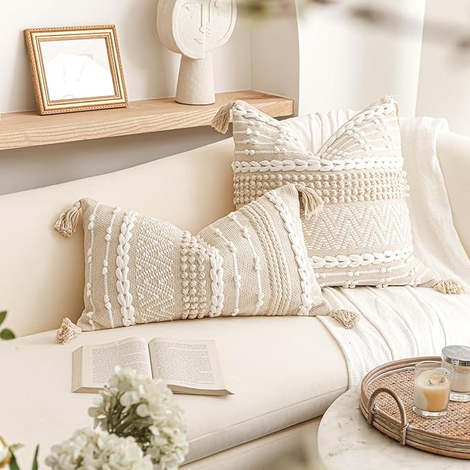 BlissBlush Boho Throw Pillow Cover 20X20, Decorative Accent Pillow for Couch, Square Woven Textured Pillowcase, Modern Boho Pillow for Bed, Bohemian Pillow Cover, Cream White Neutral (Pack of 1)