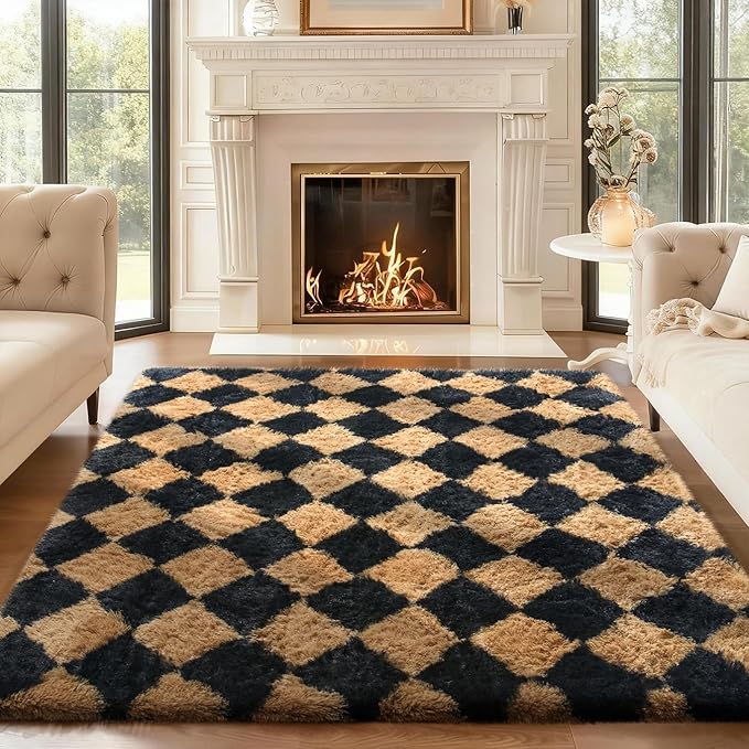 Ophanie Black & Beige Diamond Checkered Rugs for Living Room Bedroom, Rhombus Fluffy Soft Cute Fuzzy Area Rug, Plush Shaggy Bedside Floor 4x6 Furry Carpet for Kids Baby Teen Dorm Home Decor Aesthetic
