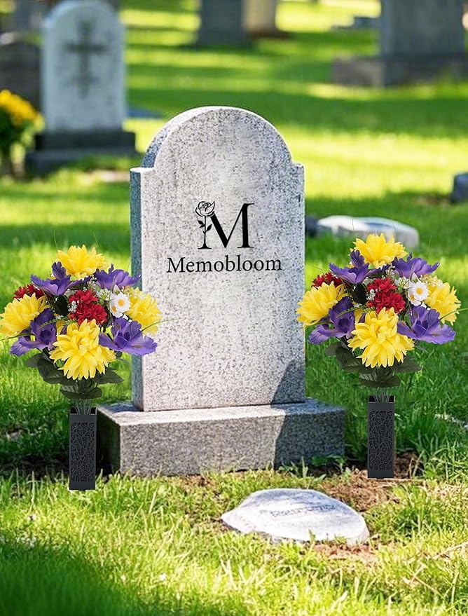 Artificial Memorial Flowers for Cemetery: 2 Pcs Cemetery Flowers for Grave Decorations - Realistic Yellow Mums Purple Iris Bouquets with Vases for Gravisite Outdoor