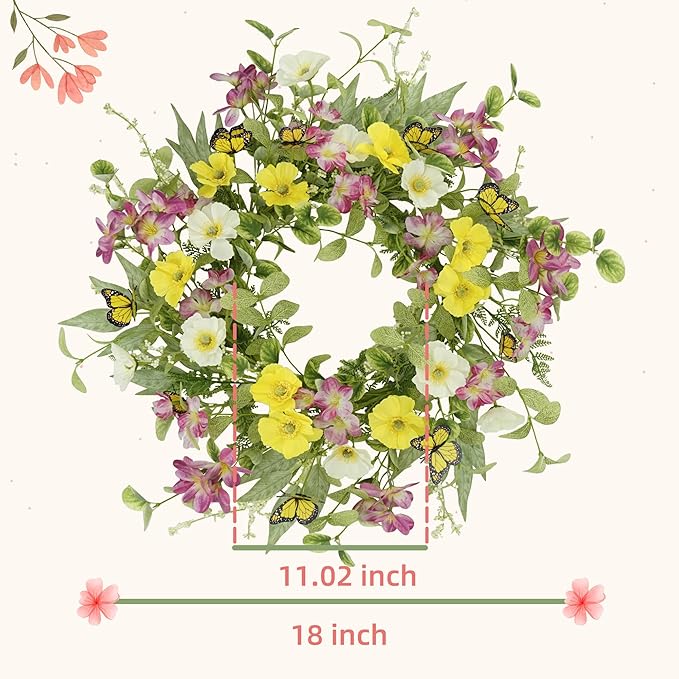YNYLCHMX 18" Spring Summer Wreaths for Front Door, Artificial Wreath with Yellow Daisies Green Eucalyptus Leaves Butterflies, Green Foliage Wreath for Wall Window Farmhouse Party Holiday Home Decor