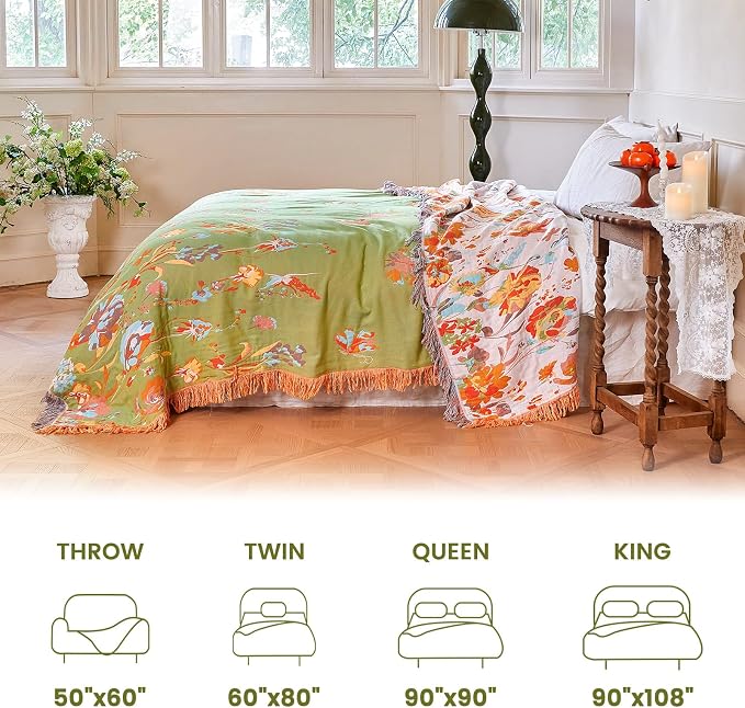 MSGKV Boho Throw Blanket 90"x90" Floral 100% Cotton Blanket with Flower and Butterfly for Bed Summer Breathable Lightweight Farmhouse Queen Blankets Home Decor Muslin