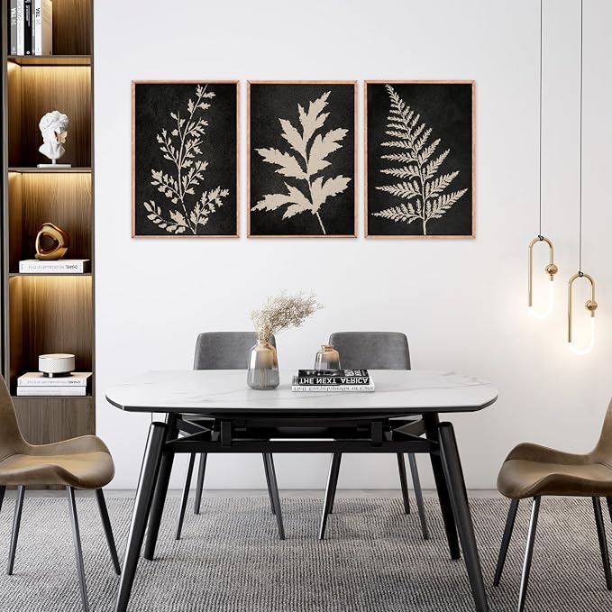 Black Tan Fern Leaf Framed Canvas Wall Art Set, Minimalist Botanical Wall Decor, Nature Fern Plant Silhouette Wall Painting, Modern Art Print for Living Room, Bedroom, Office 16"x24"x3