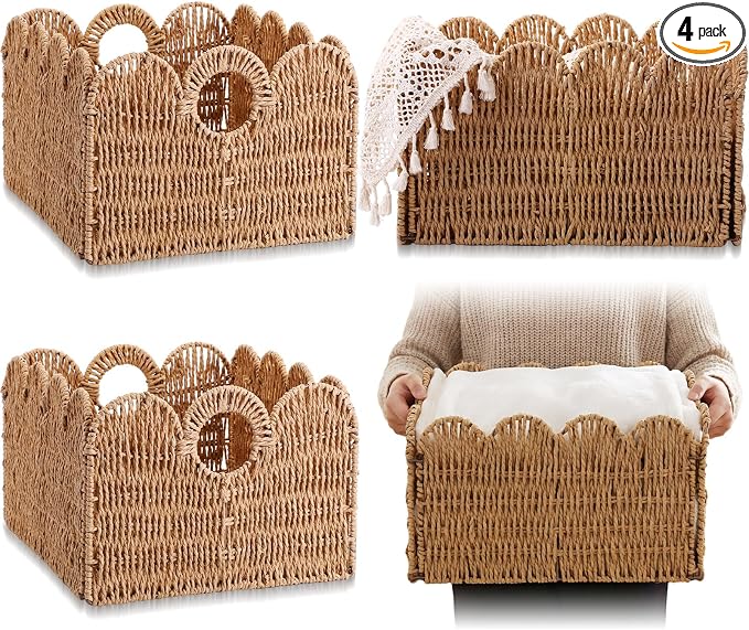 Leinuosen 4 Packs Scalloped Wicker Storage Basket Paper Rope Pantry Baskets for Shelves Organizing Toilet Paper Foldable Rattan Cube Storage Bins Boho Organizer Bins for Home, 13 x 11 x 7.9 Inches