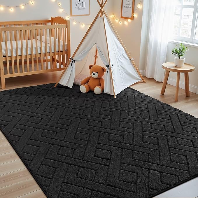 Macgace Ultra Soft Black Area Rug for Living Room, 5x7 Modern Geometric Shag Rugs with Nonslip Backing for Bedroom, Washable Fuzzy Carpet for Cozy Kids Room Nursery
