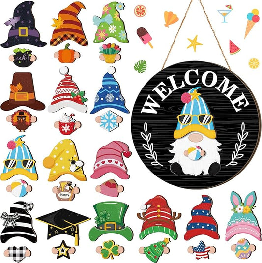 Qunclay Interchangeable Wooden Gnome Decor Holiday Seasonal Gnome Decorations with Magnet Pieces and Detachable Hats Changeable Welcome Sign for Home(Black Style)