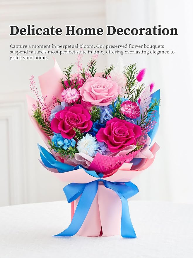 Preserved Flowers Bouquet, Flowers for Delivery,Long-Lasting Real Rose,Blue | Mothers Day Forever Flowers Roses Bouquet, Anniversary Birthday Flowers Gifts for Mom Grandma Women Wife Her