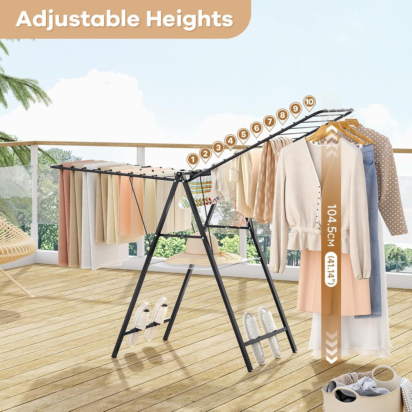 APEXCHASER Foldable Clothes Drying Rack, Metal Laundry Drying Rack Collapsible, Ultra Thin Clothes Rack for Sweater Bra Towel for Indoor & Outdoor Use, Height Adjustable Gullwing Clothes Airer, Black