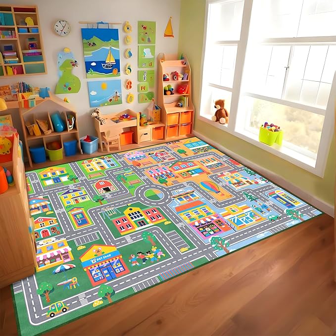 Car Rug for Kids Room 6x9 Feet, Educational Learn City Life Kids Rugs for Playroom Traffic Road Rug Decorate Nursery Toddler Classroom Preschool Living Room