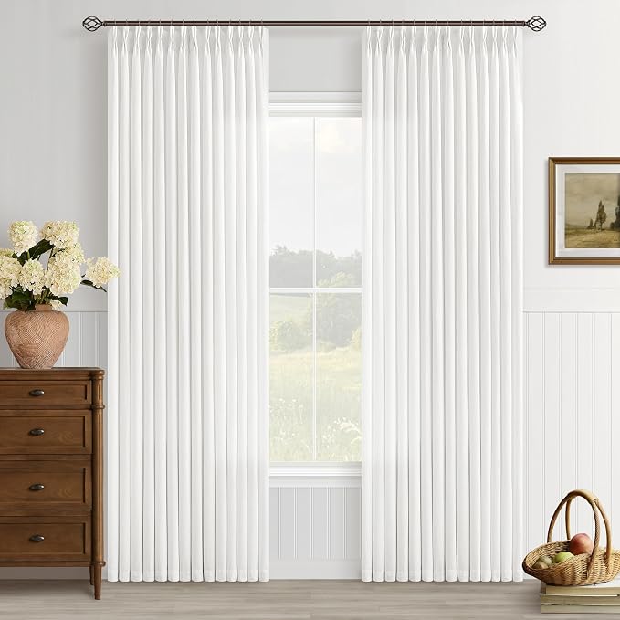 Ivory White Semi Sheer Pinch Pleated Linen Curtains 84 Inch Length | Off White, Neutral, 84 Inch Long, Light Filtering, Privacy, Bedroom, Living Room, Burlap Textured, Memory Shape, Boho Modern