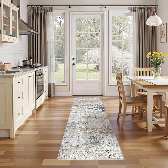 DMOYEST Washable Runner Rug for Hallway: 2x6 Neutral Modern Abstract Low Pile Area Rug with Non-Slip Backing - Carpet for Bedroom Kitchen Laundry Entryway Bathroom Indoor - Beige Blue