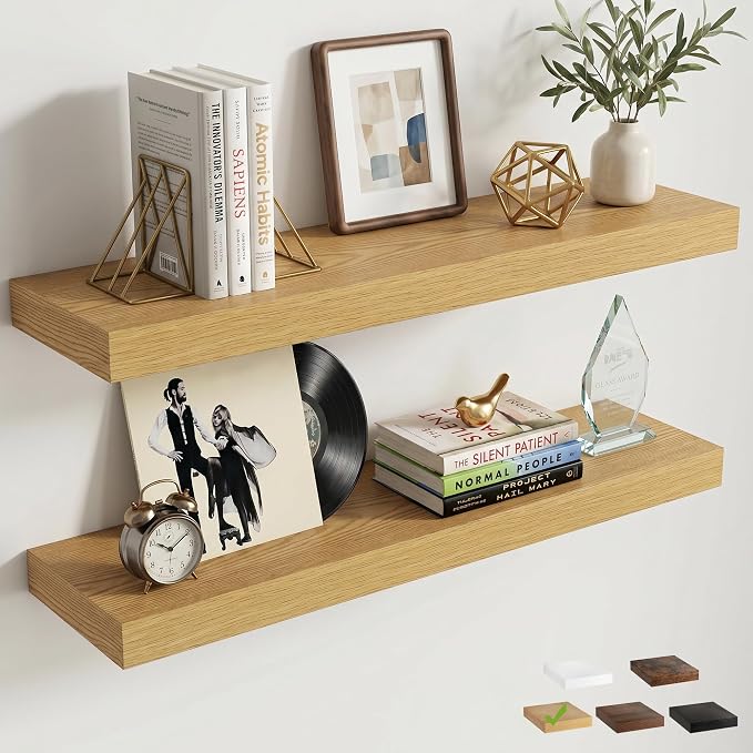 32 Inch Floating Shelves for Wall, 8"D Wood Storage Shelves, Oak Finish | Engineered Wood, Invisible Bracket, Large Storage, Easy Install, Hold Up to 55lbs, Living Room, Bathroom, Bedroom, Kitchen