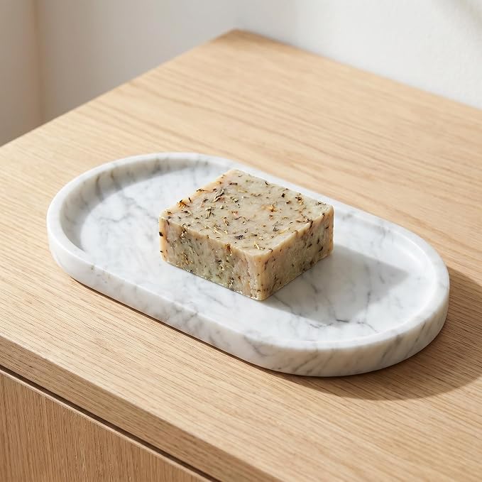 YKAJO Carrara White Gray Oval Marble Tray, 9.8x4.7 Perfume Organizer Dish | Honed natural stone; jewelry & trinket dish, ring & key holder, soap & candle catchall; bath counter, dresser, coffee table