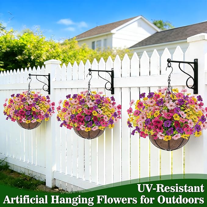 2 Sets Artificial Hanging Plants Flowers Basket Outdoor, Fake Hanging Plants Set of 2 Includes 24 Pcs Flowers for Porch, Patio, Garden, Home Decor in Spring Summer (Red, Purple, Yellow, Rose Red)
