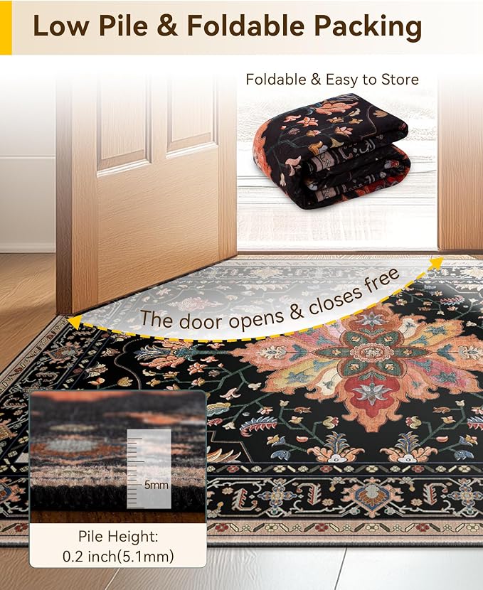 RELEANY Area Rugs Runner 3'x20' Washable Non-Slip, Floral Vintage Distress Medallion Carpet for Kitchen Hallway Bedroom Beside Laundry Room Bathroom, Black Colorful Floral Dark Tan