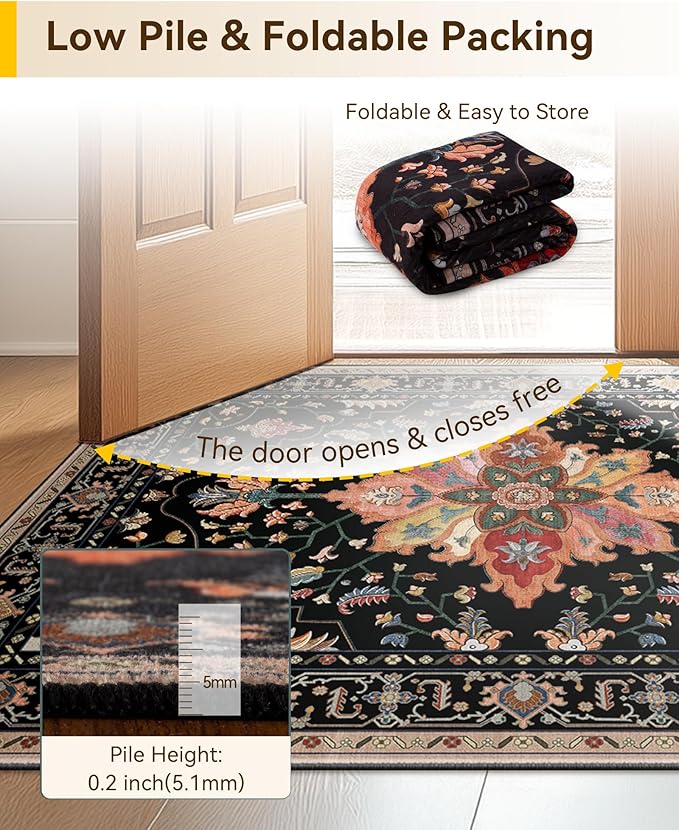 RELEANY Area Rugs 8'x10' Washable Non-Slip, Floral Vintage Distress Print Pattern Medallion Carpet for Living Room Bedroom Dining Room, Black Colorful Floral Dark Tan