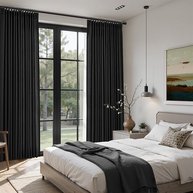 Guken Black Pinch Pleated Linen Curtains 96 Inch Length 2 Panels for Living Room Bedroom Country Farmhouse Window Privacy Light Filtering Semi Sheer Back Tab Drapes with Hooks for Dining Room 40x96