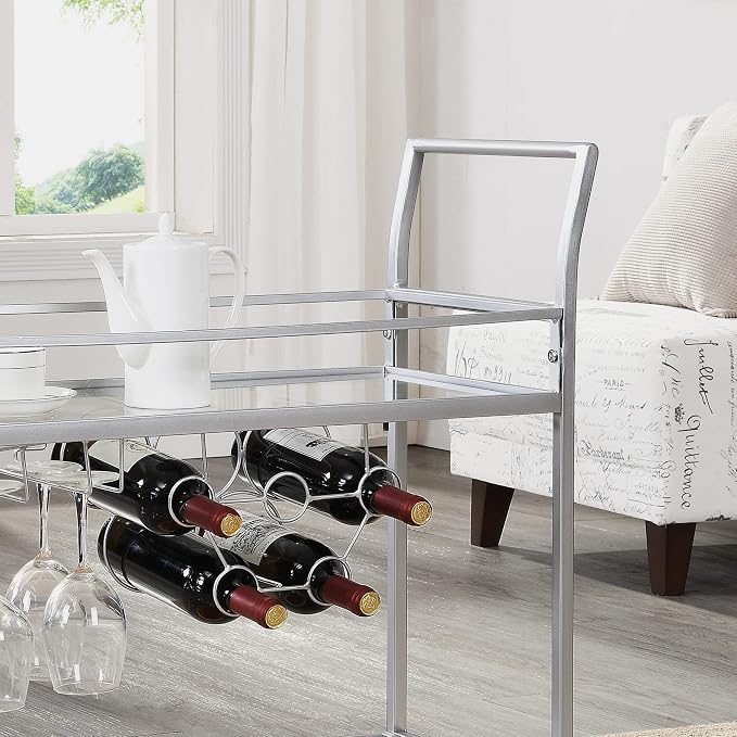 FirsTime & Co. Silver Delilah Bar Cart, 2 Tier Mobile Mini Bar, Kitchen Serving Cart and Coffee Station with Storage for Wine and Glasses, Metal and Glass, Modern