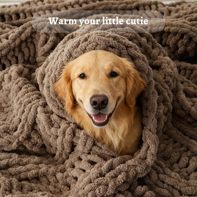 Battilo Chunky Knit Throw Blanket for Couch, 50"x60",Taupe | Hand Knit with Chunky Chenille Yarn, Chenille Blanket, Cozy Warm Thick Soft knitted Blanket for Bed, Sofa, Living Room