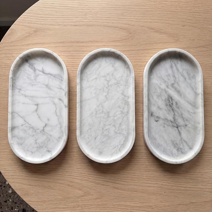 YKAJO Carrara White Gray Oval Marble Tray, 11.8x5.9 Perfume Organizer Dish | Honed natural stone; holds jewelry, rings, keys, candles, trinkets; for dresser, nightstand, bath counter