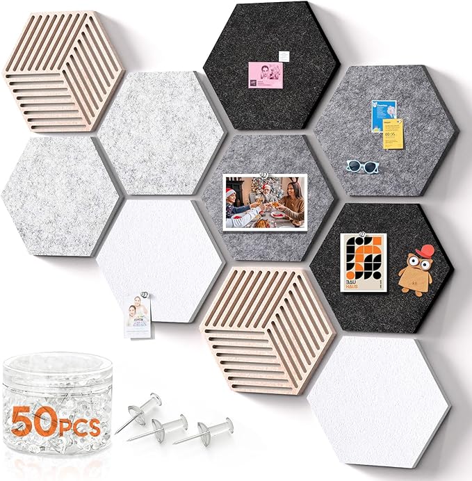 Hexagon Cork Boards for Walls Decor 10 Pack Cork Bulletin Board Tiles with 50 Pins,Pin Board for Office & Home for Notes Photos and DIY Classroom Decor (Industrial Vintage Style)