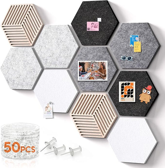 Hexagon Cork Boards for Walls Decor 10 Pack Cork Bulletin Board Tiles with 50 Pins,Pin Board for Office & Home for Notes Photos and DIY Classroom Decor (Industrial Vintage Style)