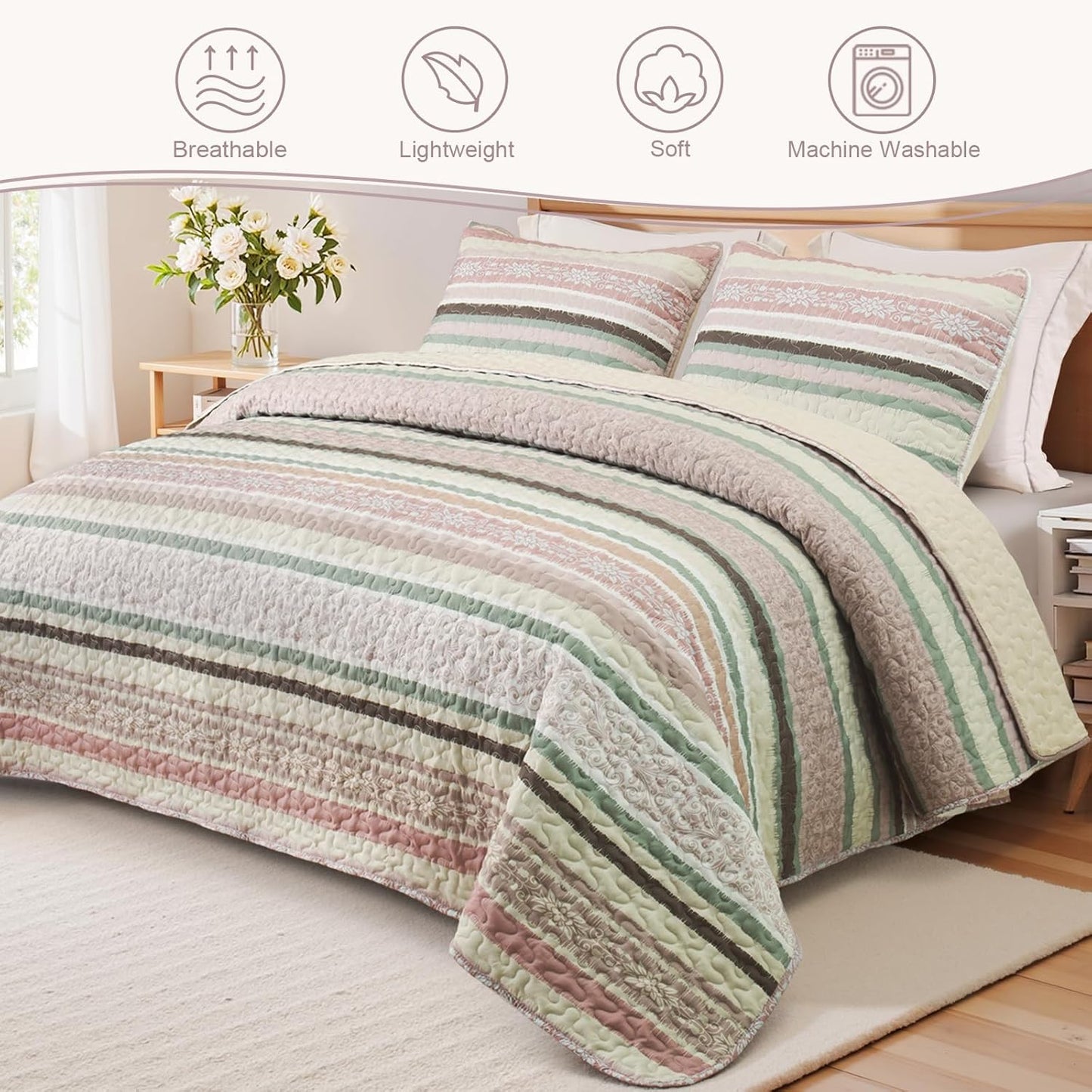 Exclusivo Mezcla Reversible Boho Quilt Set King Size, 3 Pieces Bohemian Pink All Season Bedspreads, Ultra Soft Floral Coverlet Bedding Set with Printed Pattern (1 Quilt, 2 Pillow Shams)