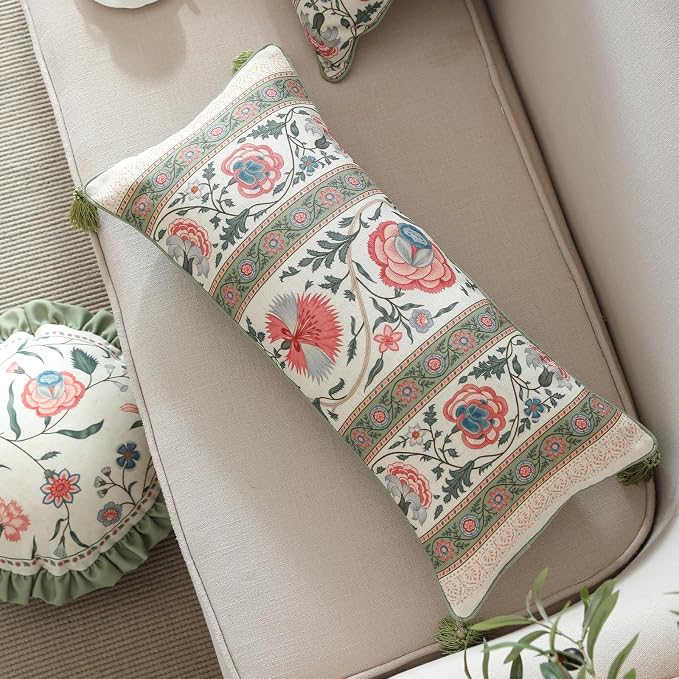 ISAENNE French Linen Rectangle Throw Pillow Cover,Set of 2,20"x12"-Daffy B | Designer French Elegant Pillow Cover,Concealed Zipper Design,Floral Pattern,Sofa,Bedroom,Living Room,Lounge Chairs