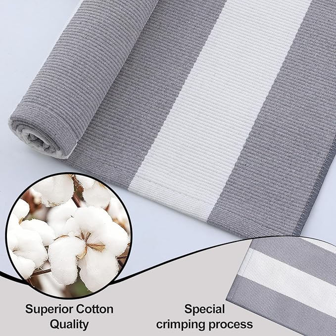 OLANLY Grey and White Striped Rug 4' x 6' – Washable Cotton Indoor Outdoor Doormat for Front Door, Entryway, Kitchen, Porch, Patio Decor