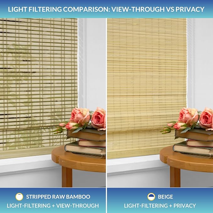 No Drill No Tools Bamboo Roman Shades, Cordless Light Filtering Window Blinds with Valance, Natural Woven Wood Shades for Living Room Dining Room,Stripped Raw Bamboo（Sheer-View）, 30"W x 48"H