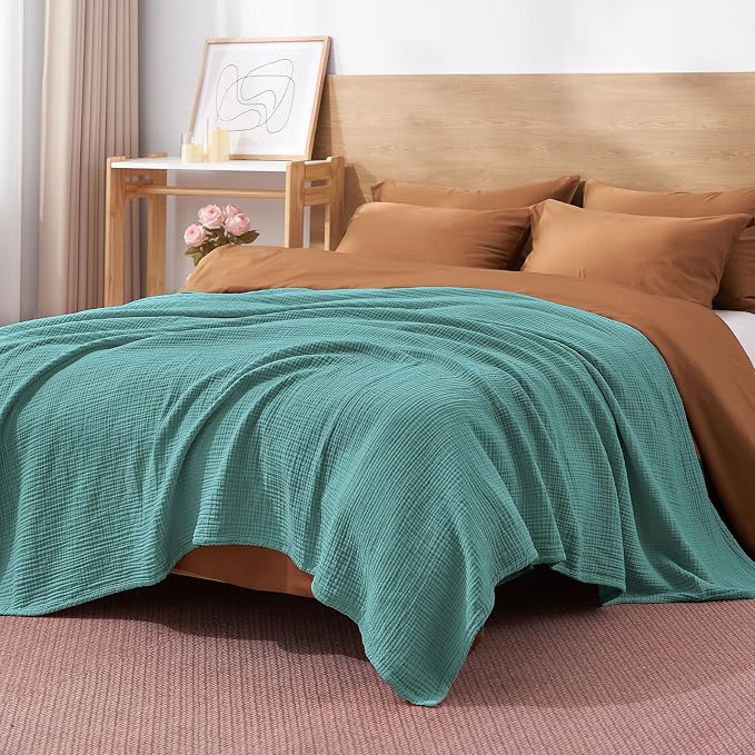 David's Home 100% Cotton Muslin Throw Blanket for College Dorm, 4-Layer Soft Breathable Lightweight Comfy Cozy Throw Guaze for Hot Sleepers, 3D Bubble Room Decor for Bed, Giftable, Teal, 50"x70"