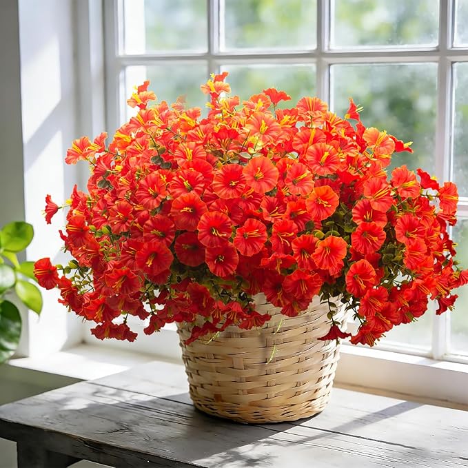Grunyia Artificial Faux Flowers for Outdoor 16 Bundles Boxwood Fake Morning Glory for Planter,UV Resistant Fake Flowers for Home Porch Patio Outside (Orange)