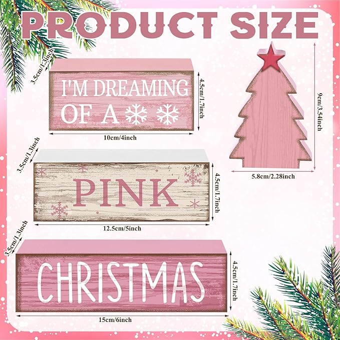 Lineshading 4 Pcs Christmas Table Decoration Wooden Pink Christmas Tree Centerpieces Decor Winter Tiered Tray Decor Rustic Decorative Tree Block Signs Gift Farmhouse Xmas Decoration for Home Kitchen