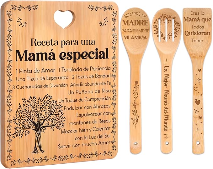 Regalos de cumpleaños para mamá - "Receta para una mamá especial". Juego de tablas de cortar y utensilios de bambú grabados. Regalos de cumpleaños para mamá. Spanish Mom Cutting Board