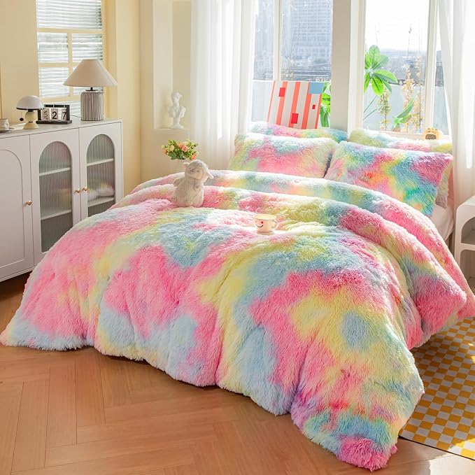 chovy Faux Fur Plush Tie-Dyed Colorful Pink Comforter Sets Full/Queen - Ultra Soft Shaggy Flannel Velvet Fluffy Fuzzy 3PC Bedding Set （Comforter x 1 Pillowcases x 2）