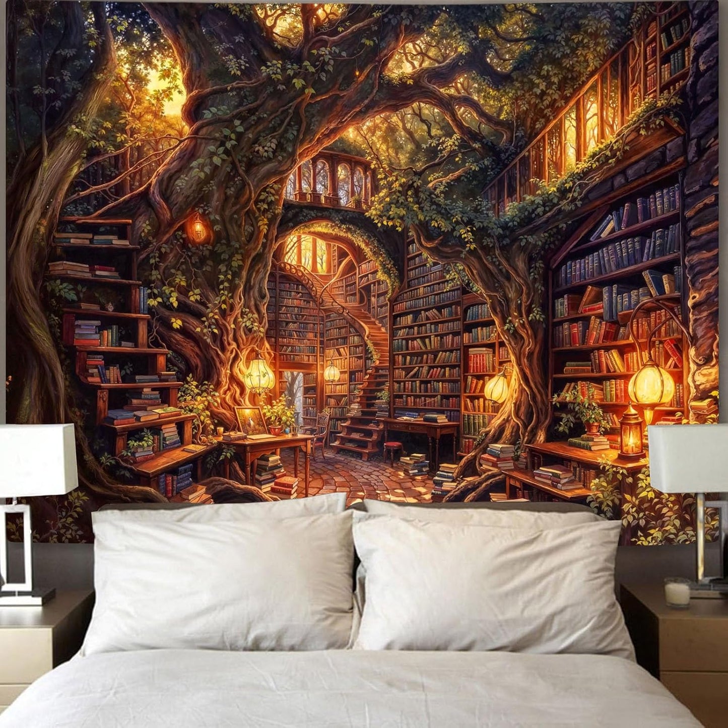 Accnicc Forest Library Tapestry Tree Bookshelf Tapestries Wall Hanging Vintage Fantasy Fairy Treehouse Book Large Tapestry for Bedroom Living Room Dorm Classroom 80 x 60 inch