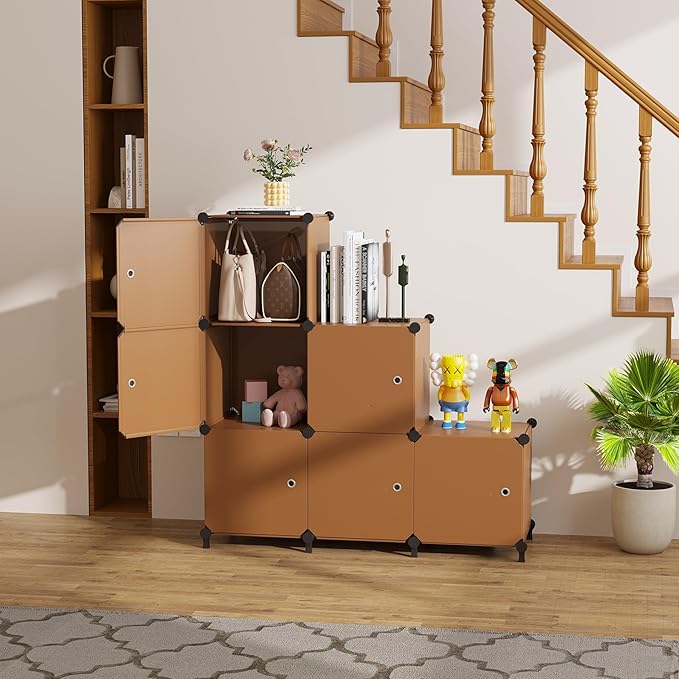 Cube Storage Organizer, 6-Cube Shelves Unit with Doors, DIY Stackable Plastic Clothes Organizer for Bedroom and Under Stairs Storage Unit, Each Compartment 30 x 30 x 30 cm Brown ATTSL6007