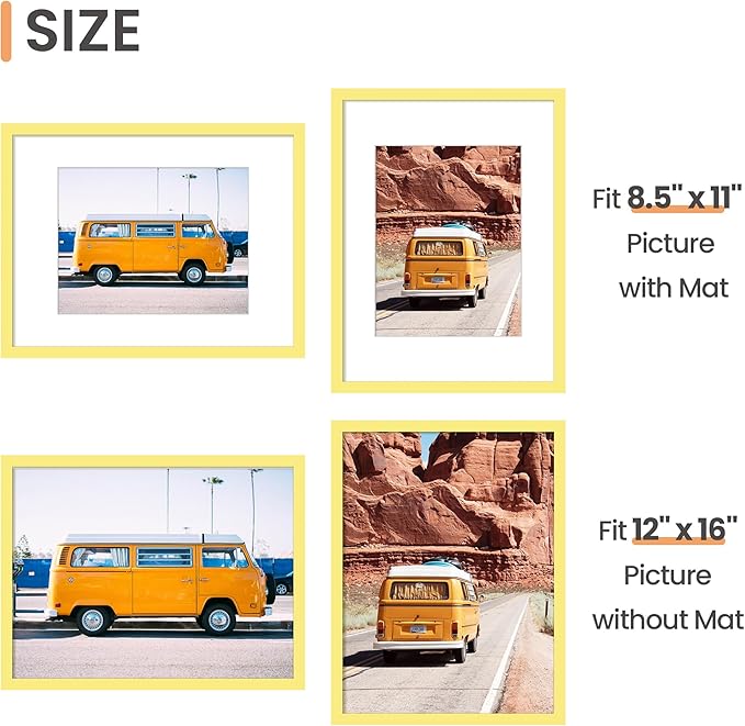 upsimples 12x16 Picture Frame, Display Pictures 8.5x11 with Mat or 12 x 16 Without, Wall Hanging Poster Frames, Yellow, 1 Pack
